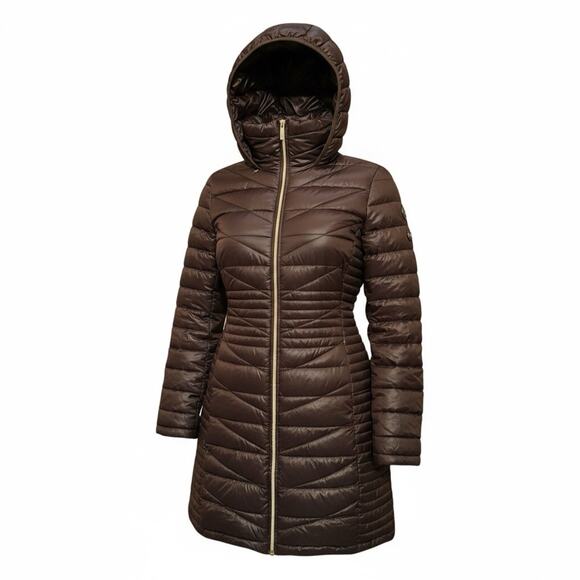 Calvin Klein Chocolate Brown Down Coat M Hooded Packable Puffer Quiet Luxury - Picture 1 of 13
